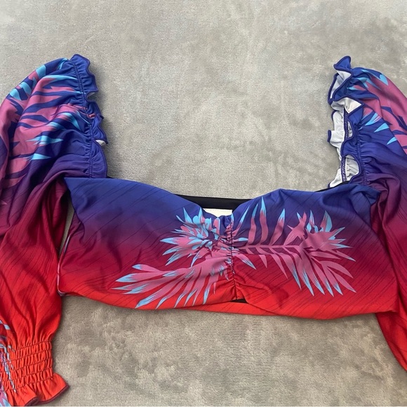 New! BFyne Red Blue Tropical Print Puff Sleeve Bikini Swim Top 10583 - Picture 4 of 8